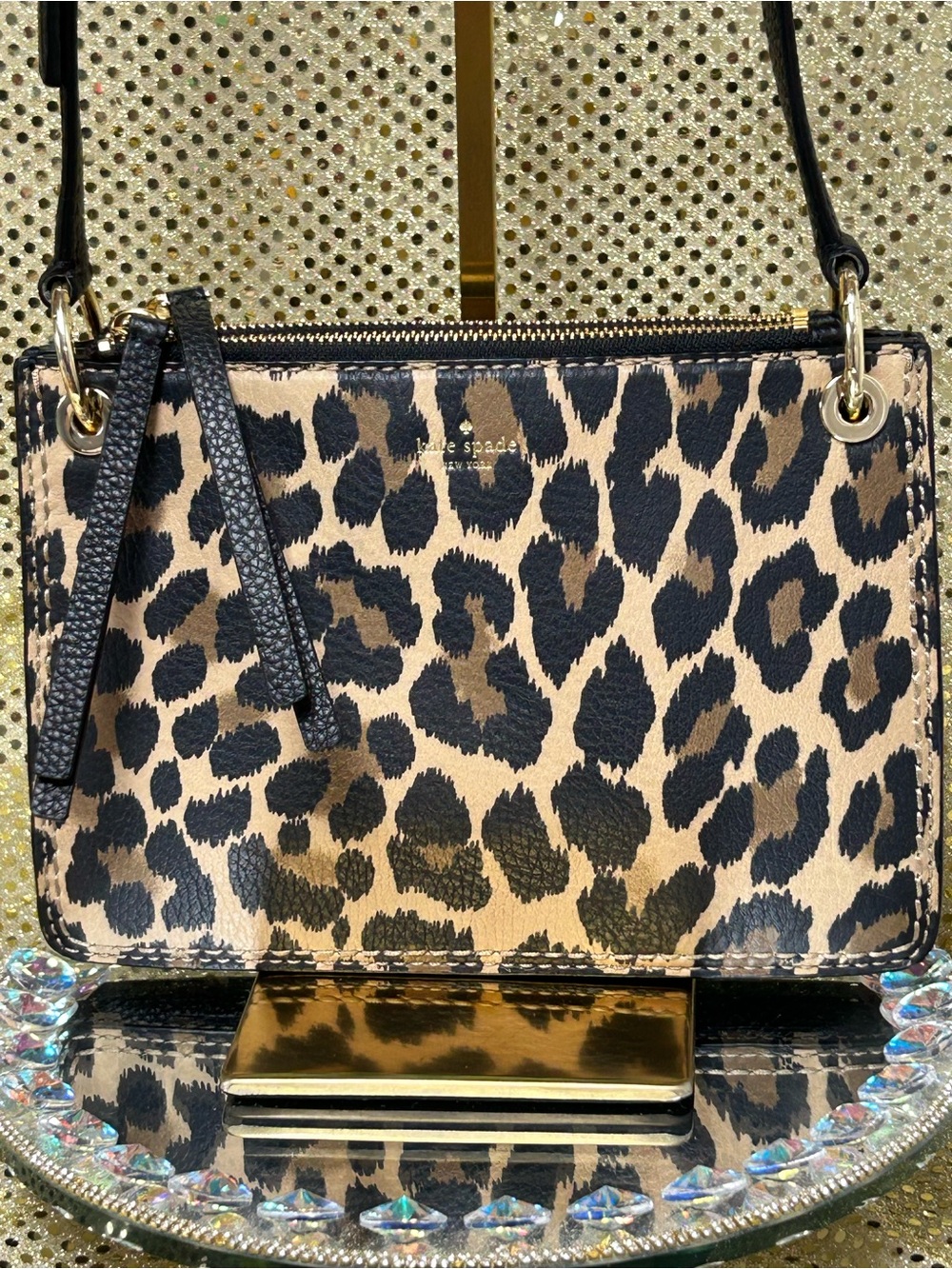 kate spade Double ZipLeopard-Print Crossbody in Black & Tan Approx. 10 x 7 x 2